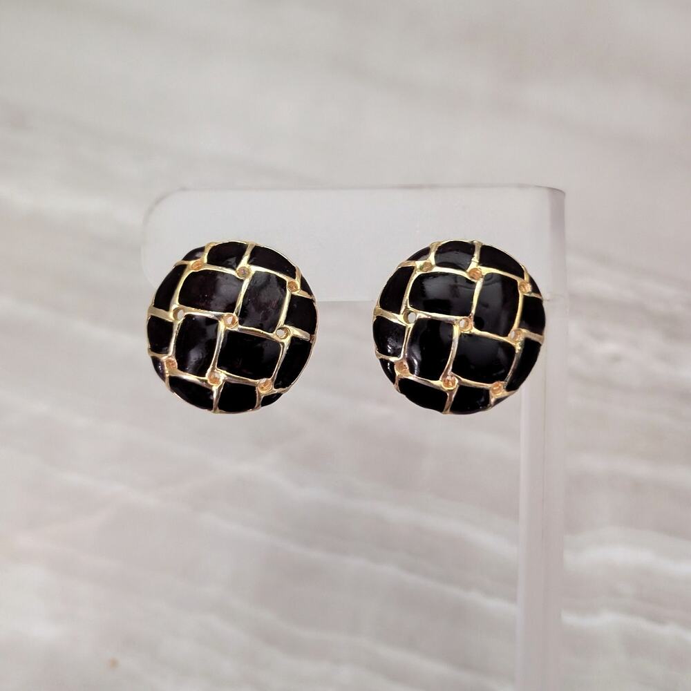 Vintage Clip On Earrings Black? with Gold Tone Lattice Design